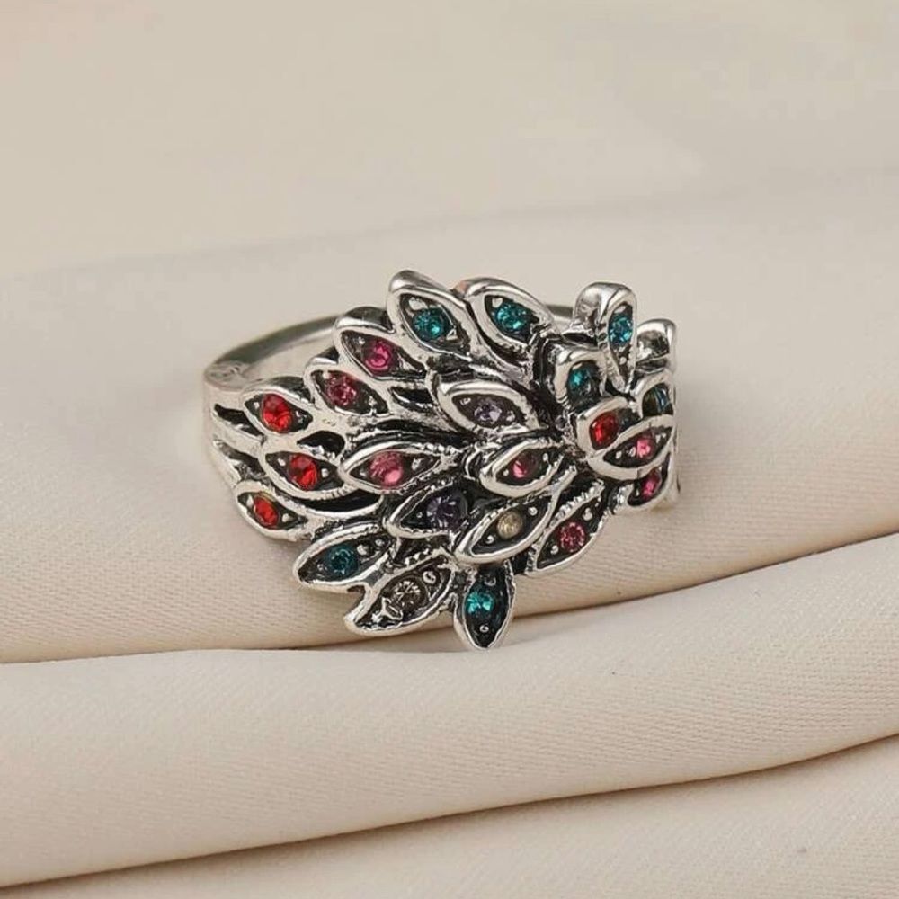 Peacock Multicolor Rhinestone Cocktail Ring One Size